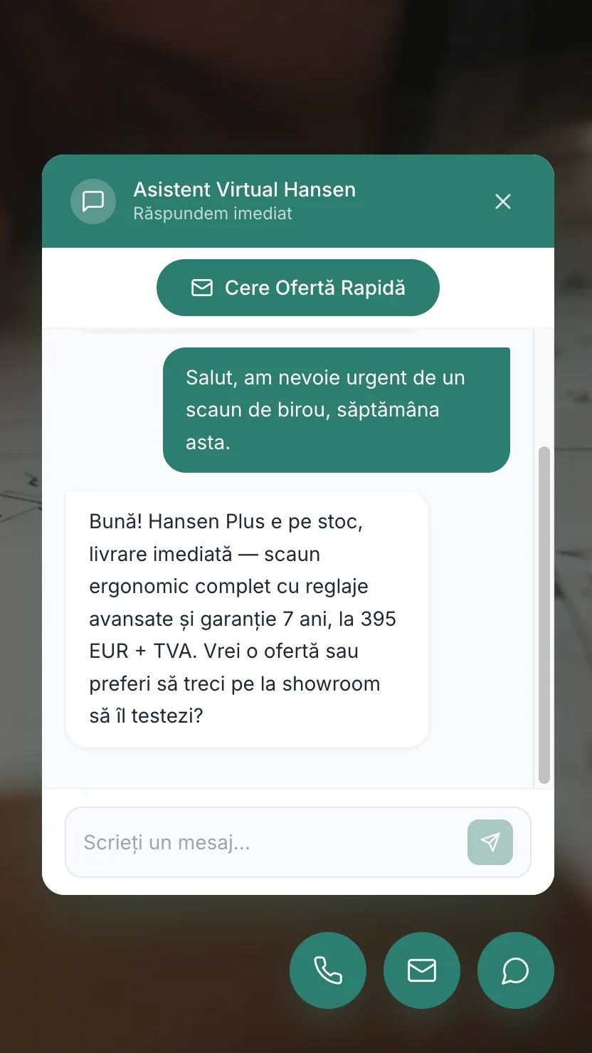 The chat window on the Hansen site. A visitor asks in Romanian for an office chair they need urgently, and the bot recommends one that is in stock.