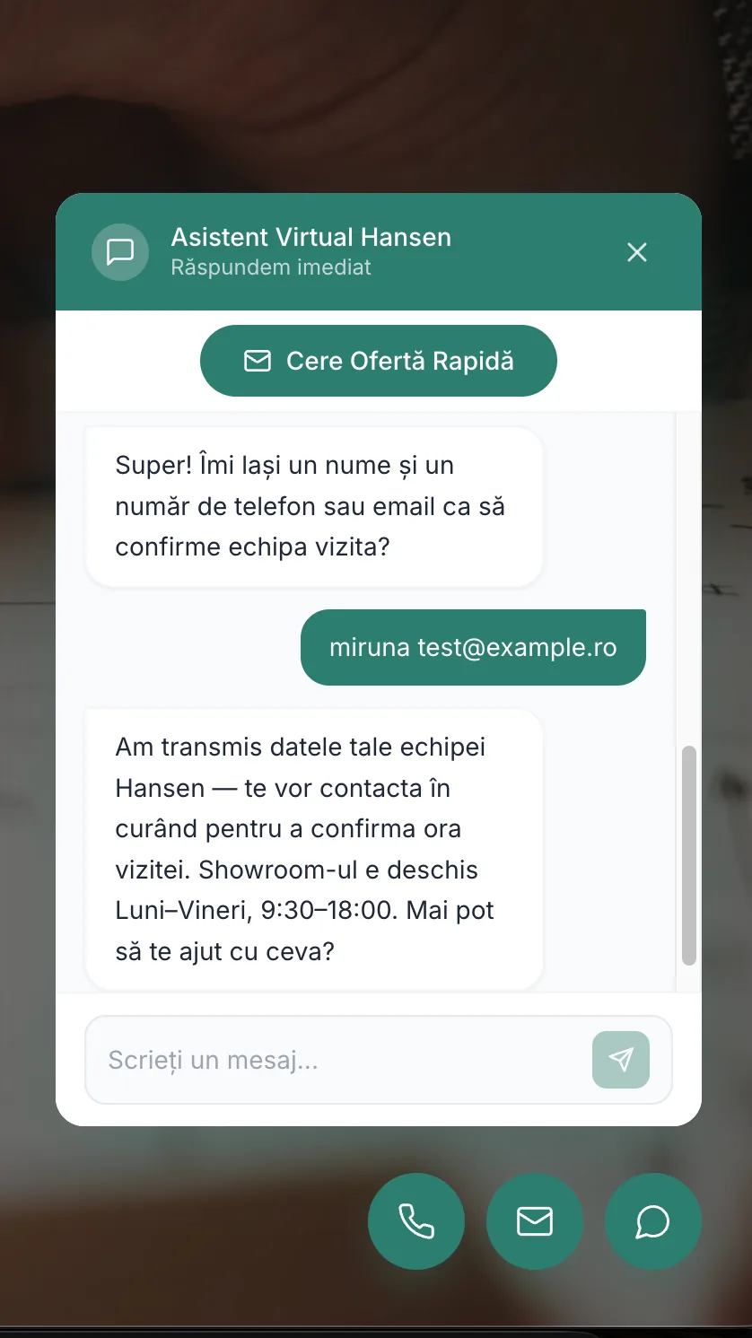 The chat window after a visitor has typed an email address. The bot says the details were passed to the Hansen team, who will get in touch.