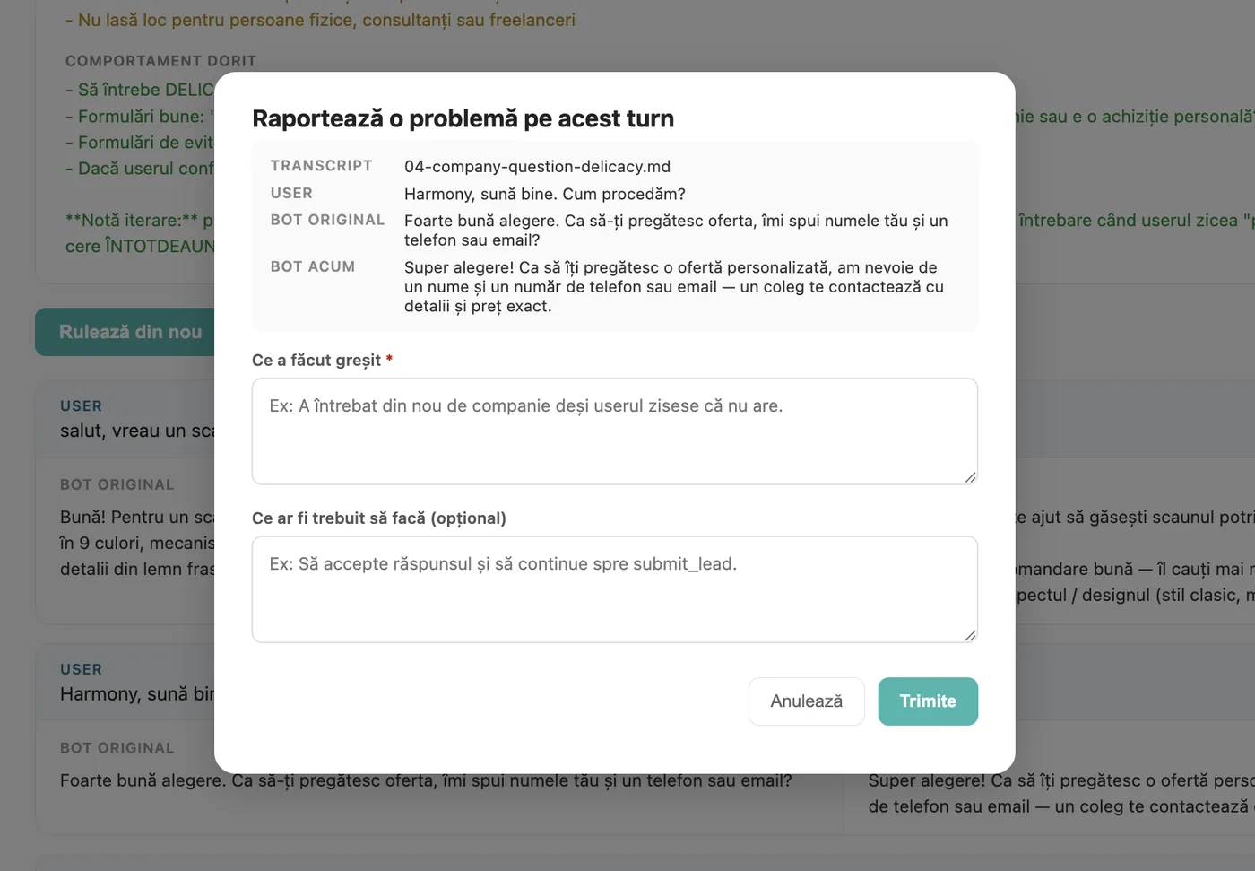The Eval Lab dialog for reporting a problem on one bot answer, with fields for what went wrong and what it should have done.