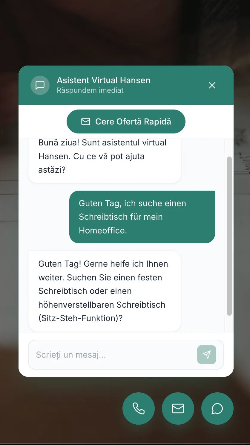 The chat window where a visitor asks in German for a desk for their home office, and the bot answers in German.