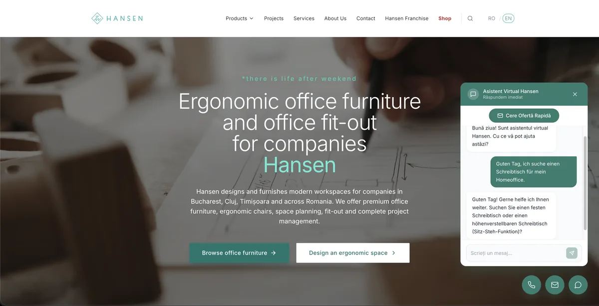 The Hansen office-furniture website with the chatbot open on the right, answering a visitor in German.